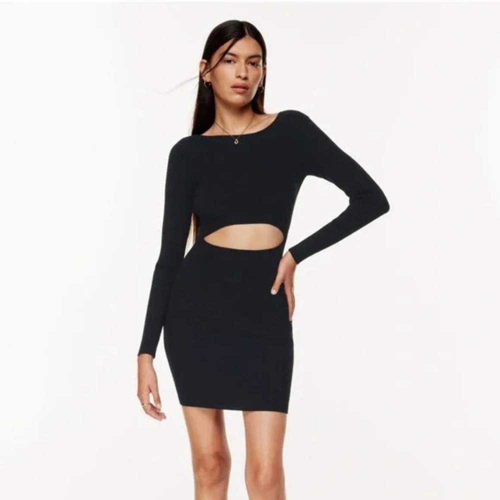 Aritzia Wilfred Free black ribbed knit cut-out long sleeve mini dress xs